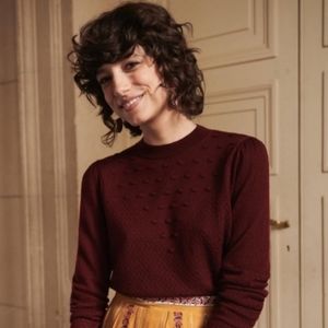 Sézane Avery Pointelle Jumper Burgundy Sweater 100% Merino Wool Small